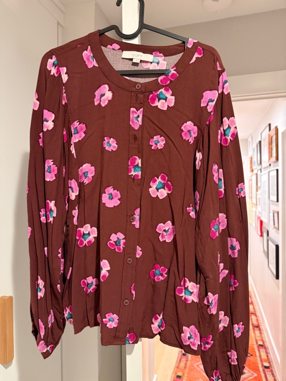 LOFT Brown Floral Blouse with Pink and Teal Accents